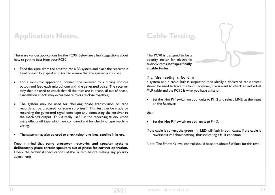 Application notes, Cable testing | LA Audio PC90 User Manual | Page 6 / 8