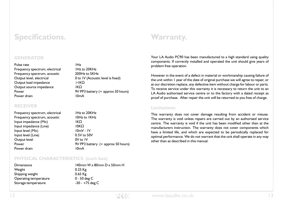 Specifications, Warranty | LA Audio PC90 User Manual | Page 7 / 8