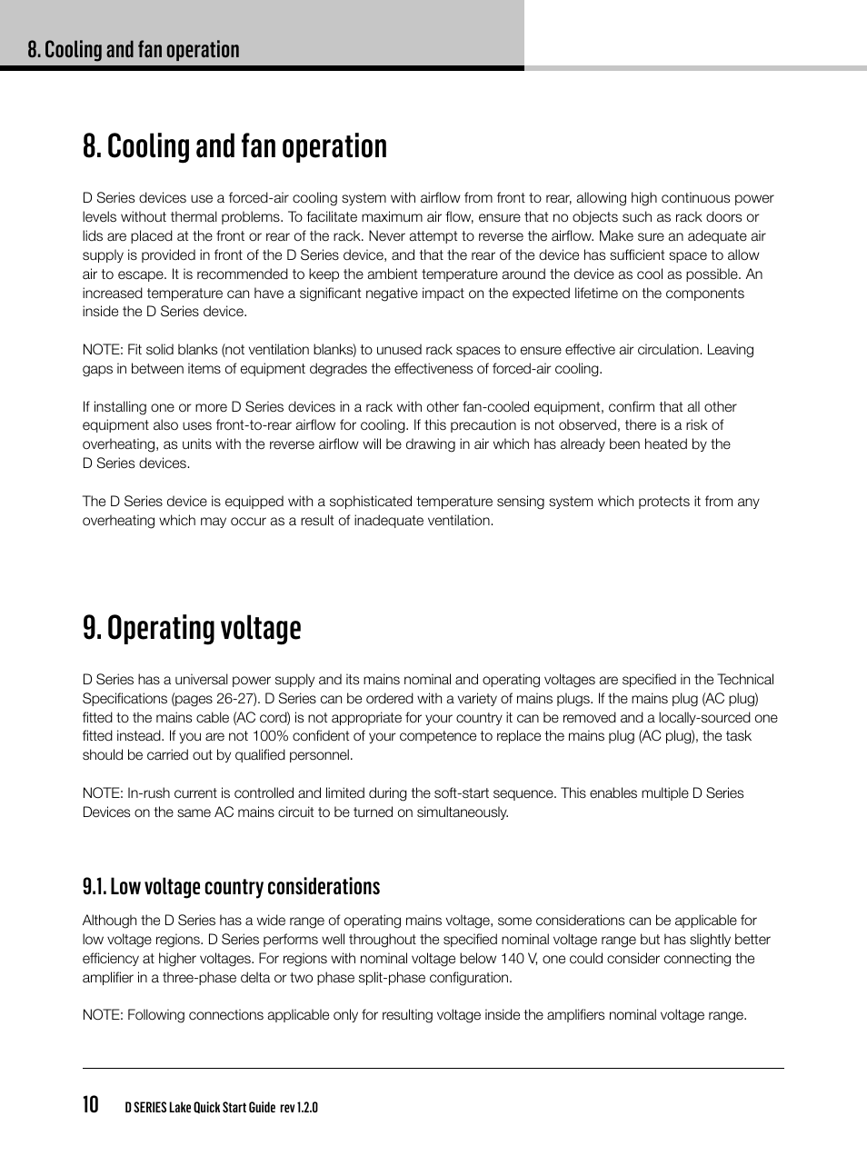 Cooling and fan operation, Operating voltage, Cooling and fan operation 10 | Low voltage country considerations | Lab.gruppen D Series 80:4L User Manual | Page 10 / 32