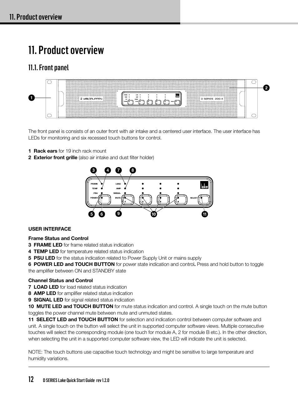 Product overview, Product overview 12, Front panel | Lab.gruppen D Series 80:4L User Manual | Page 12 / 32