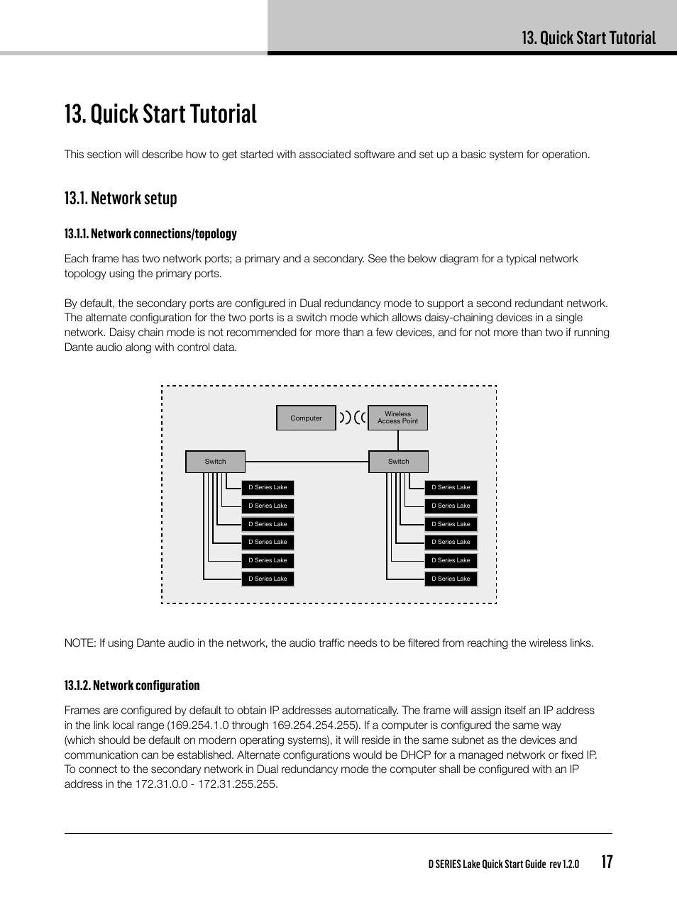Quick start tutorial, Network setup, Network connections/topology | Network configuration | Lab.gruppen D Series 80:4L User Manual | Page 17 / 32