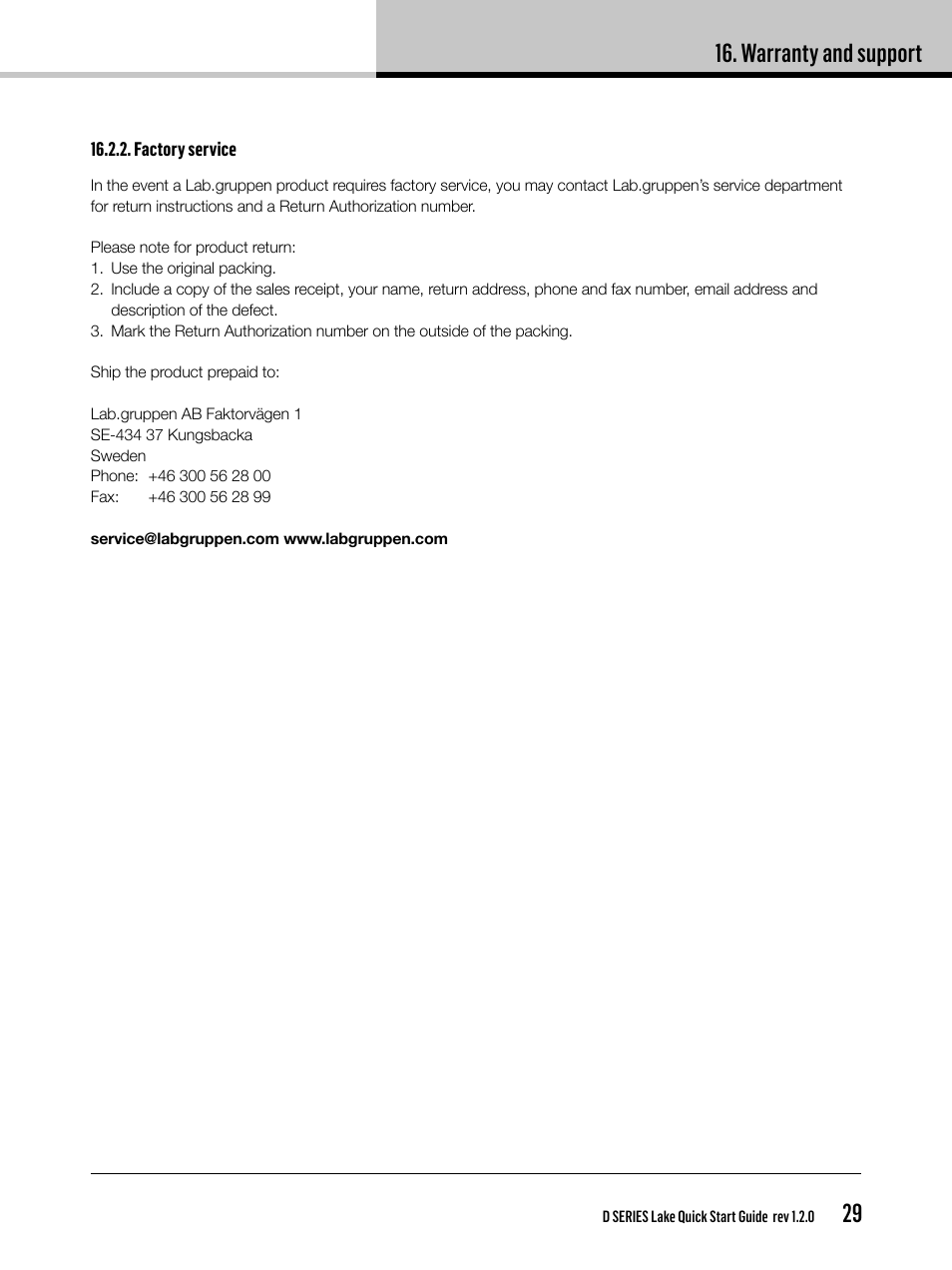 Warranty and support | Lab.gruppen D Series 80:4L User Manual | Page 29 / 32