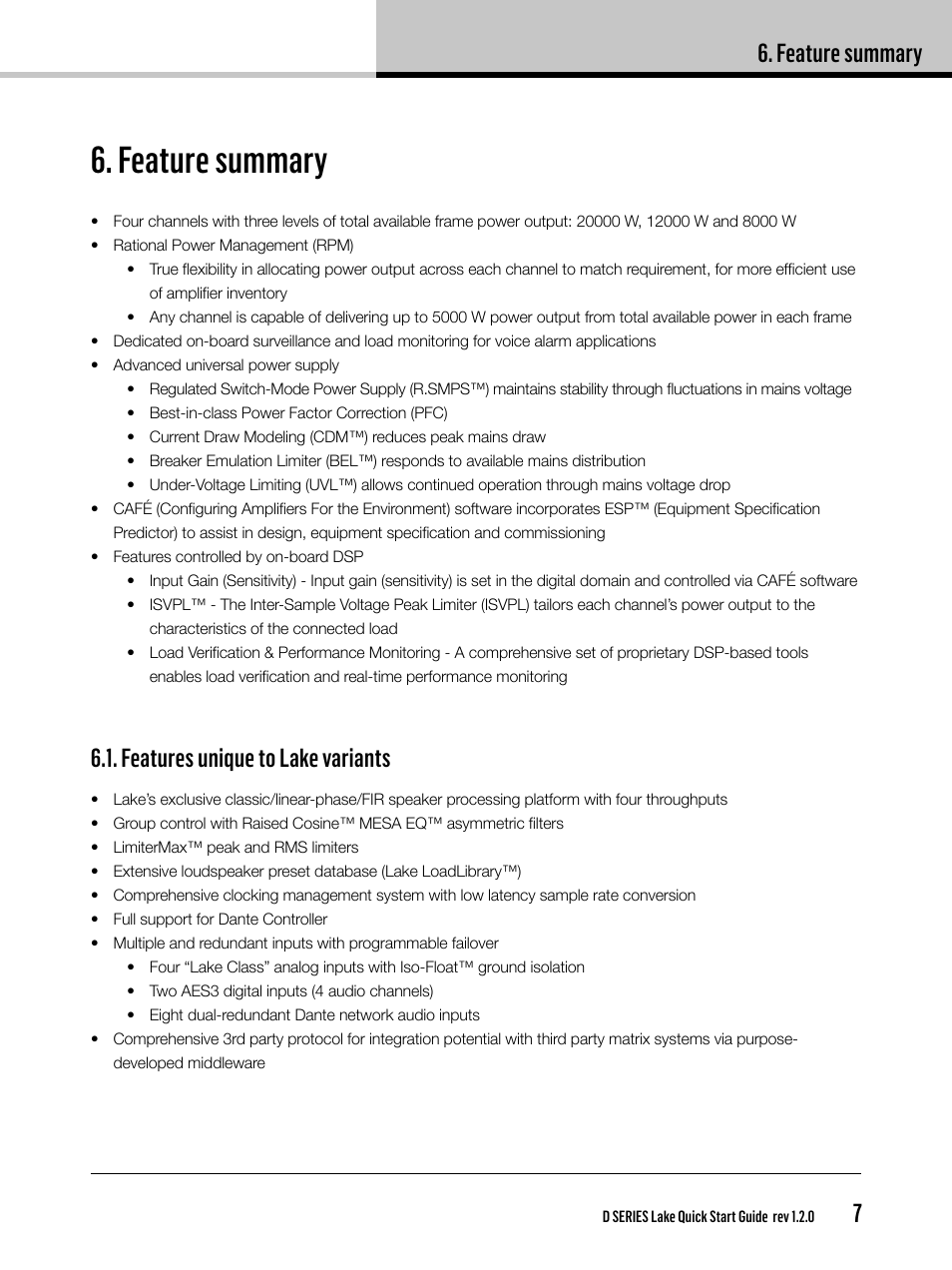 Feature summary, Features unique to lake variants | Lab.gruppen D Series 80:4L User Manual | Page 7 / 32