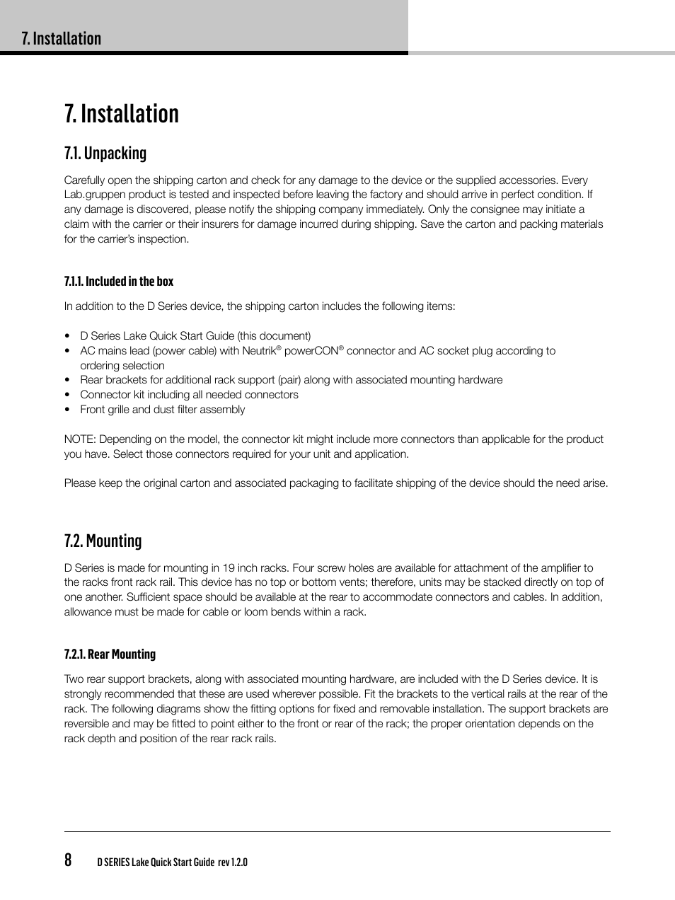 Installation, Installation 8, Unpacking | Mounting | Lab.gruppen D Series 80:4L User Manual | Page 8 / 32