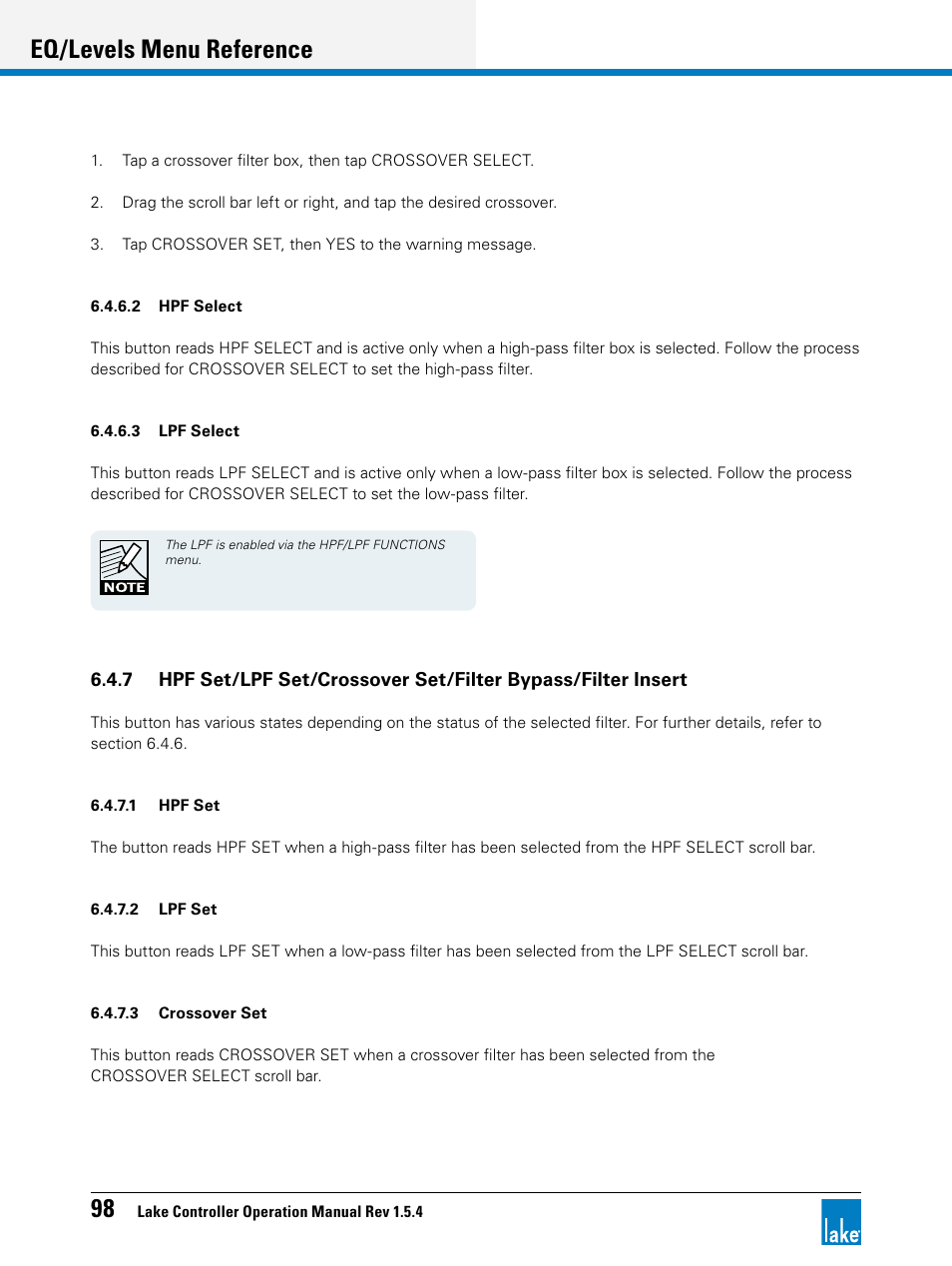 Eq/levels menu reference | Lab.gruppen PLM 20K44 User Manual | Page 103 / 314