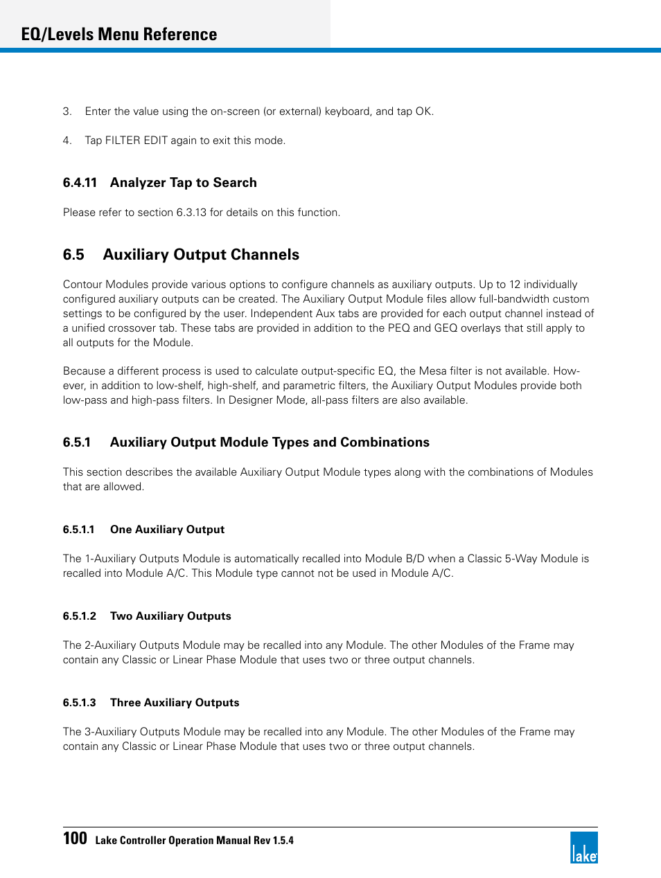 5 auxiliary output channels, Eq/levels menu reference | Lab.gruppen PLM 20K44 User Manual | Page 105 / 314