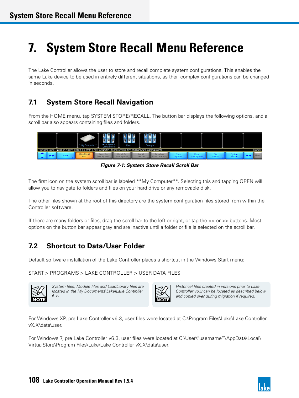 System store recall menu reference, 1 system store recall navigation, 2 shortcut to data/user folder | Chapter 7, system store recall menu reference | Lab.gruppen PLM 20K44 User Manual | Page 113 / 314