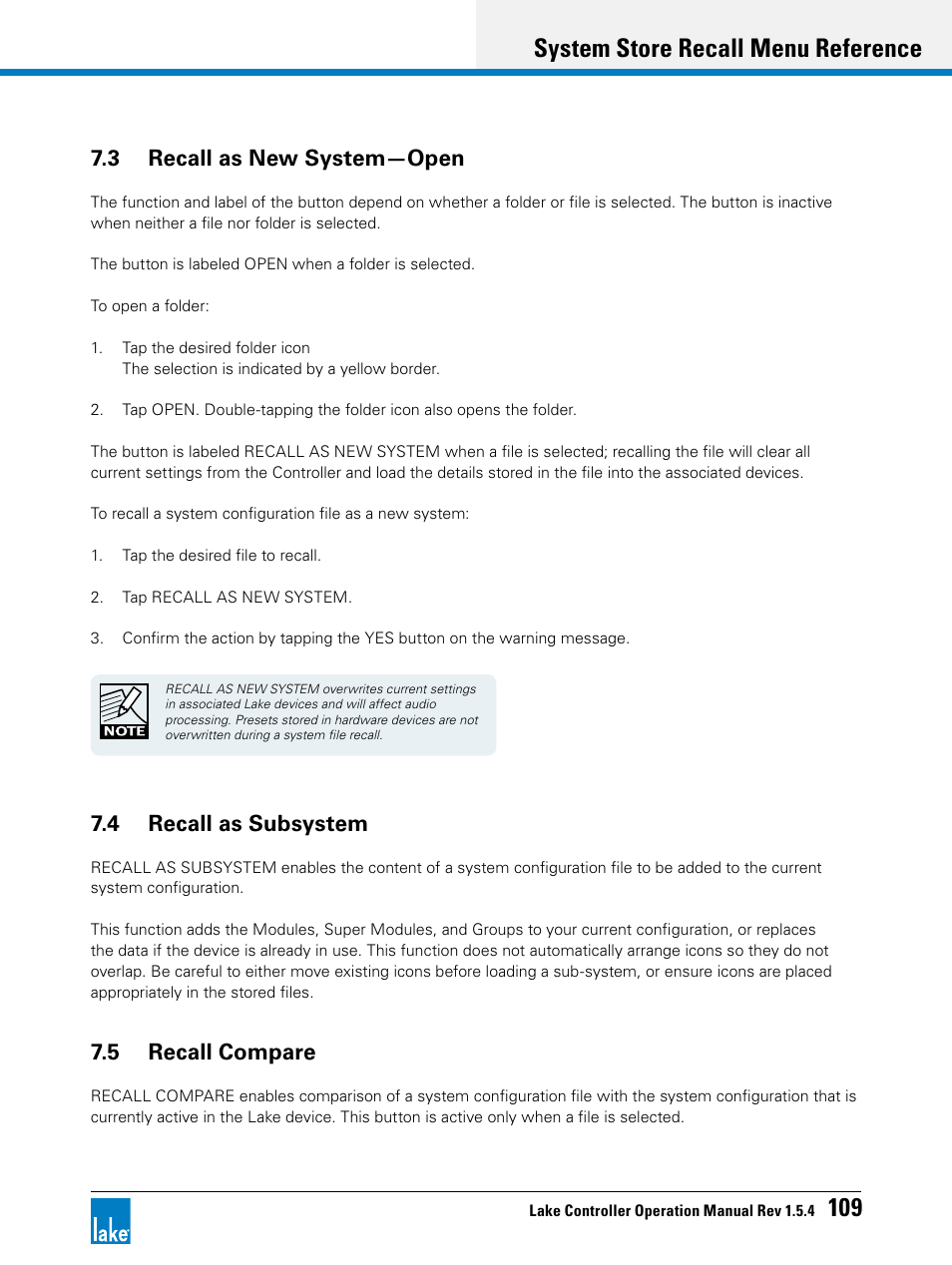 3 recall as new system—open, 4 recall as subsystem, 5 recall compare | System store recall menu reference 109 | Lab.gruppen PLM 20K44 User Manual | Page 114 / 314