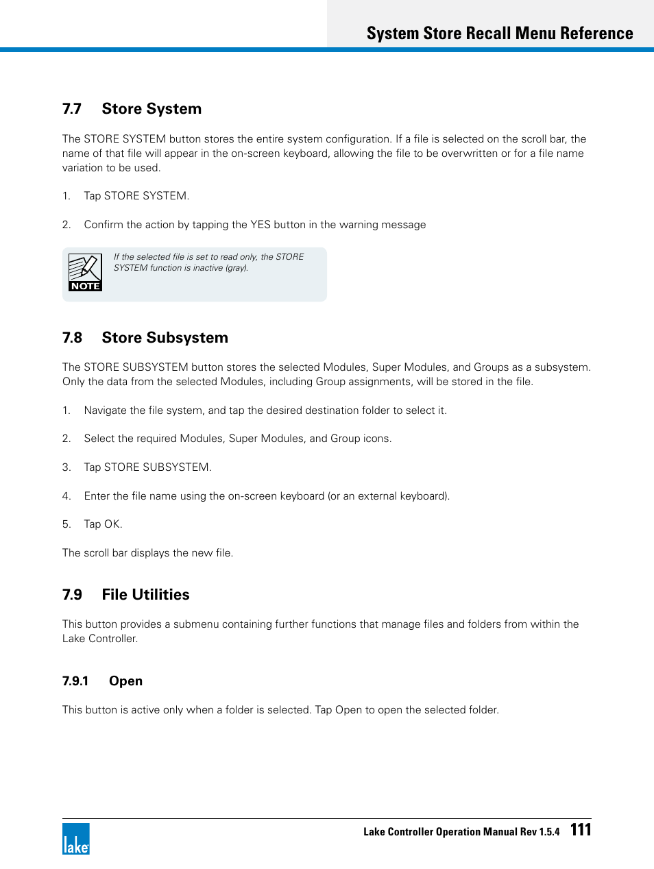 7 store system, 8 store subsystem, 9 file utilities | 8 store subsystem 7.9 file utilities, System store recall menu reference 111 | Lab.gruppen PLM 20K44 User Manual | Page 116 / 314