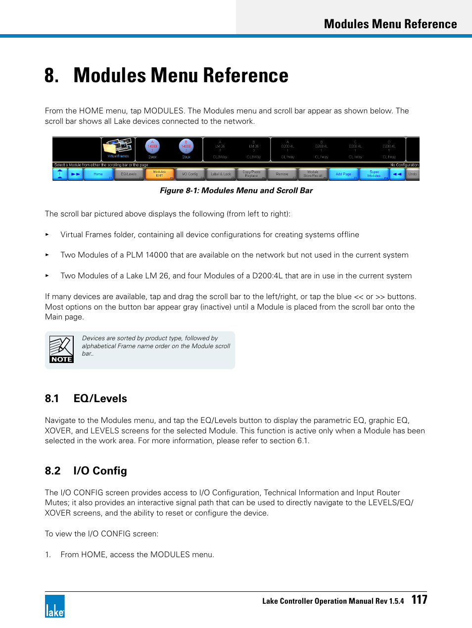 Modules menu reference, 1 eq/levels, 2 i/o config | 1 eq/levels 8.2 i/o config, Chapter 8, modules menu reference, d, Modules menu reference 117 | Lab.gruppen PLM 20K44 User Manual | Page 122 / 314