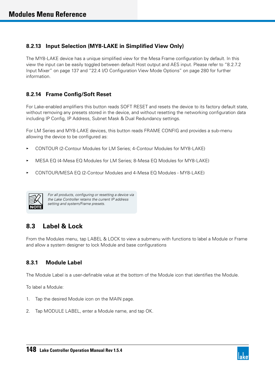 3 label & lock, Modules menu reference | Lab.gruppen PLM 20K44 User Manual | Page 153 / 314