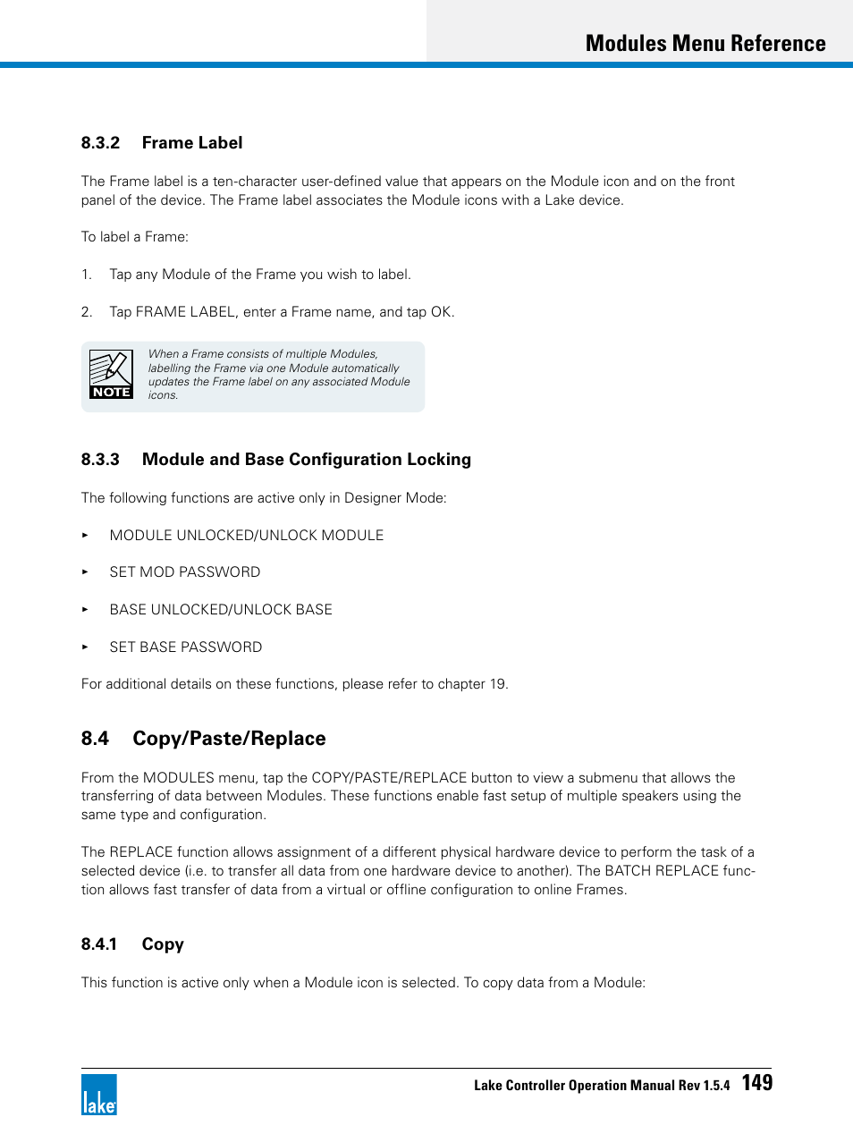 4 copy/paste/replace, Modules menu reference 149 | Lab.gruppen PLM 20K44 User Manual | Page 154 / 314