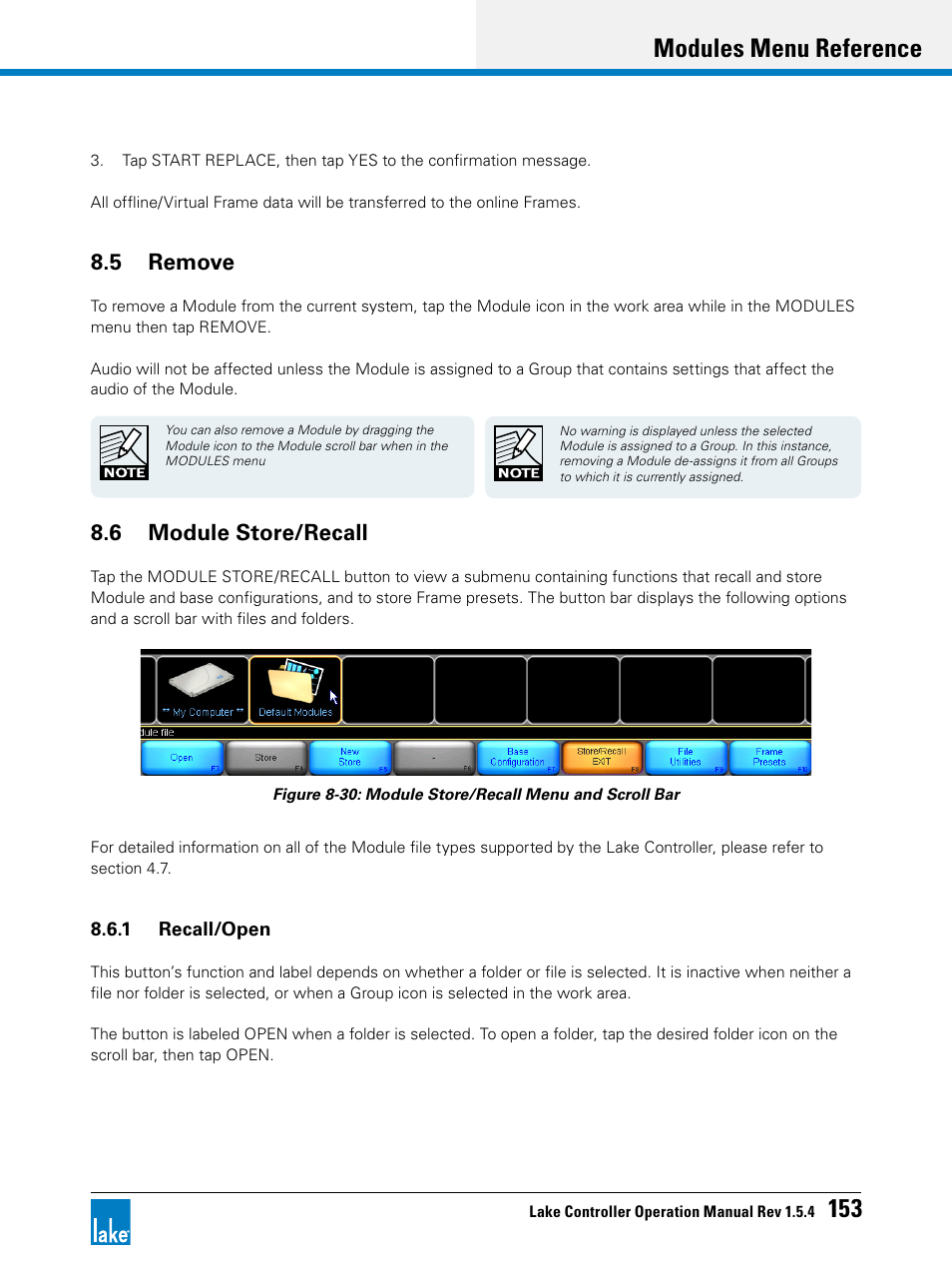 5 remove, 6 module store/recall, 5 remove 8.6 module store/recall | Modules menu reference 153 | Lab.gruppen PLM 20K44 User Manual | Page 158 / 314