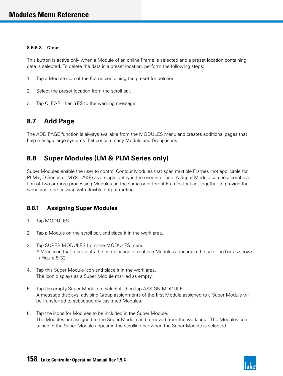 8 super modules (lm & plm series only), Modules menu reference, 7 add page | Lab.gruppen PLM 20K44 User Manual | Page 163 / 314