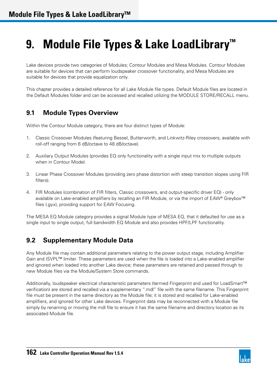 Module file types & lake loadlibrary, 1 module types overview, 2 supplementary module data | Lab.gruppen PLM 20K44 User Manual | Page 167 / 314