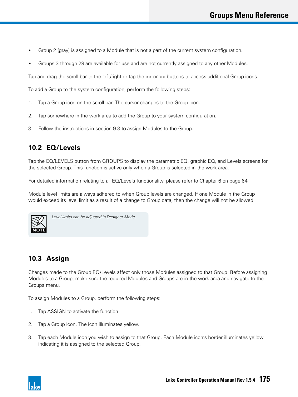 2 eq/levels, 3 assign, 2 eq/levels 10.3 assign | Groups menu reference 175 | Lab.gruppen PLM 20K44 User Manual | Page 180 / 314