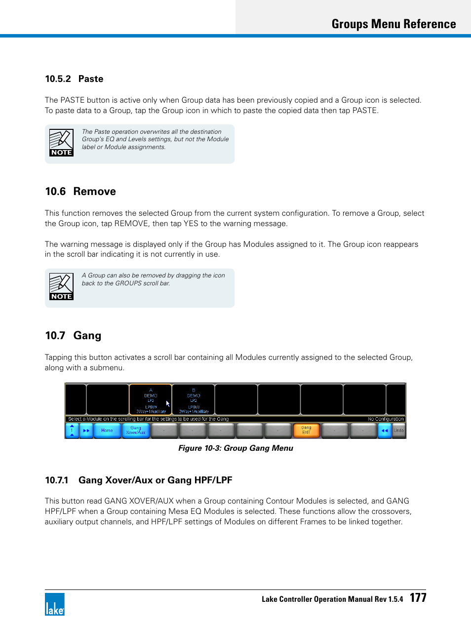 6 remove, 7 gang, 6 remove 10.7 gang | Groups menu reference 177 | Lab.gruppen PLM 20K44 User Manual | Page 182 / 314