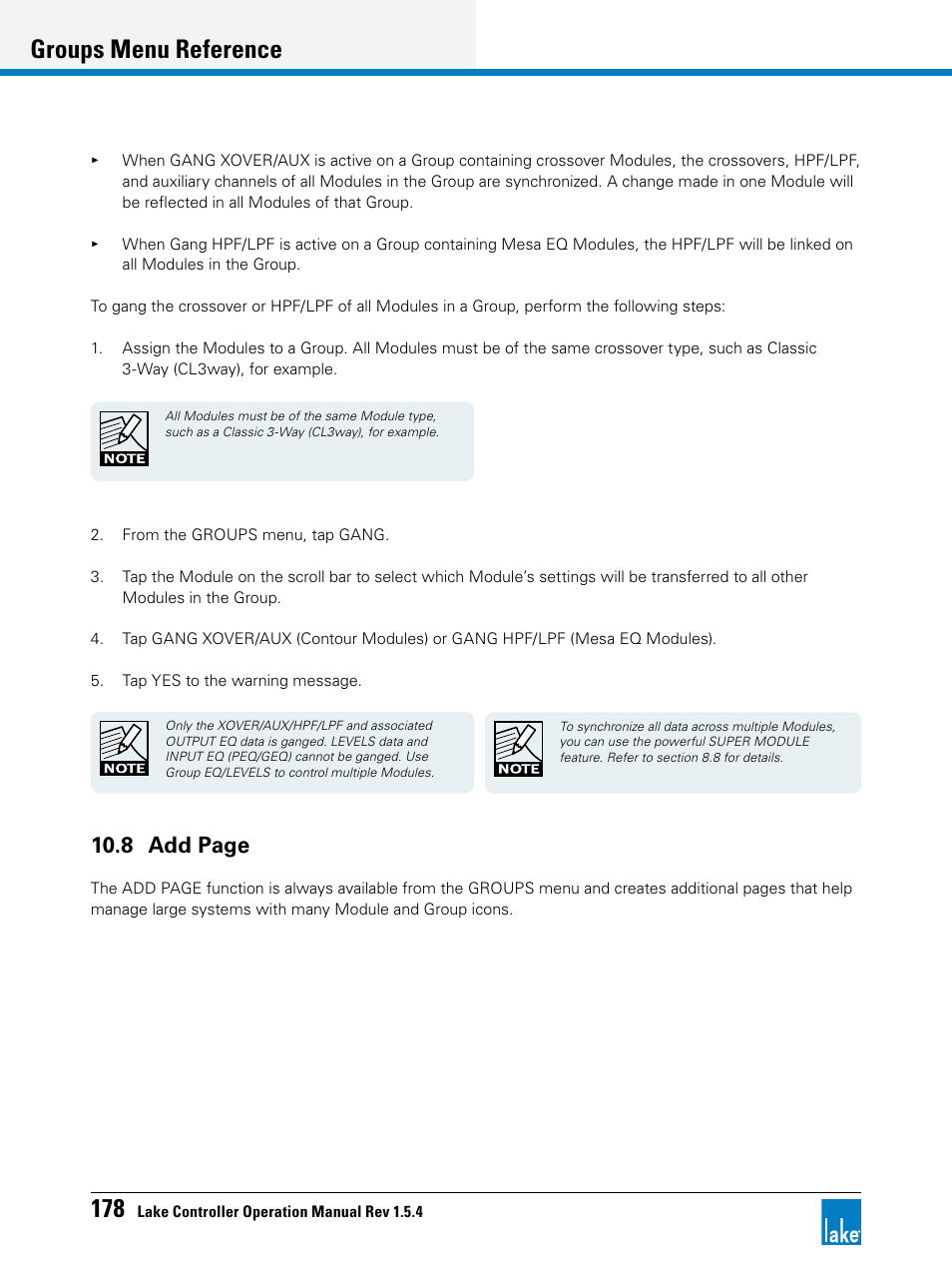 Groups menu reference, 8 add page | Lab.gruppen PLM 20K44 User Manual | Page 183 / 314
