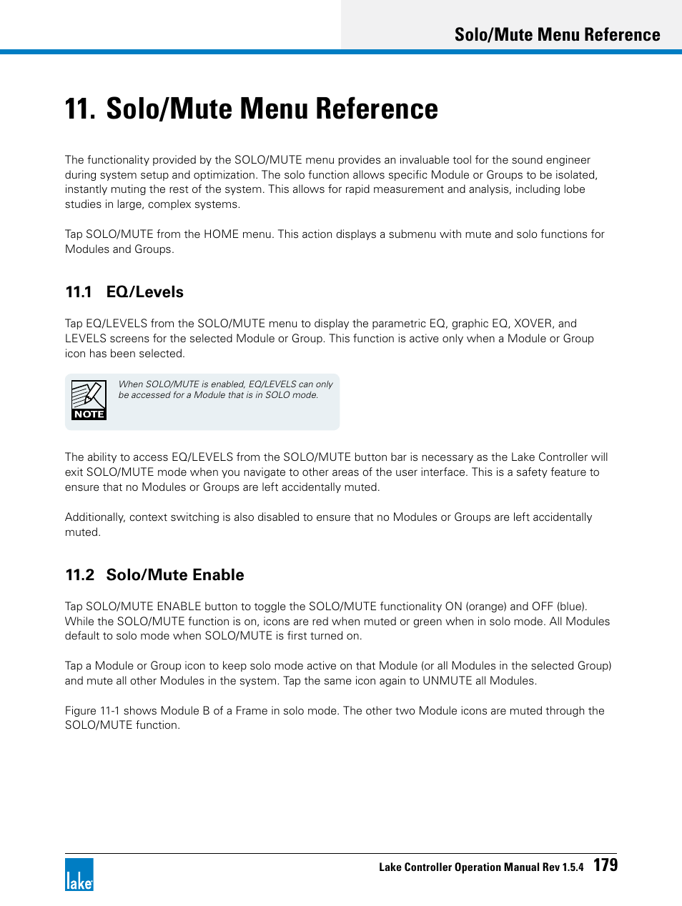 Solo/mute menu reference, 1 eq/levels, 2 solo/mute enable | 1 eq/levels 11.2 solo/mute enable, Chapter 11, solo/mute menu reference, Solo/mute menu reference 179 | Lab.gruppen PLM 20K44 User Manual | Page 184 / 314