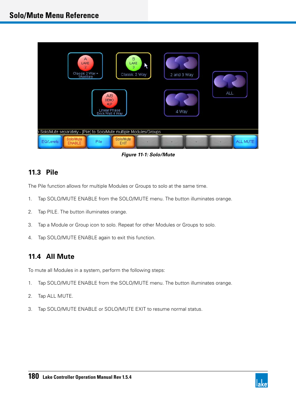 3 pile, 4 all mute, 3 pile 11.4 all mute | Solo/mute menu reference | Lab.gruppen PLM 20K44 User Manual | Page 185 / 314