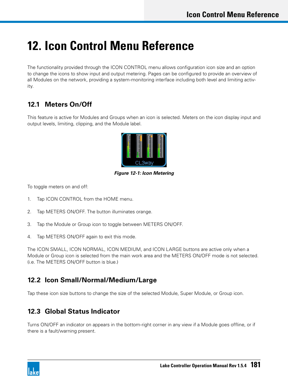 Icon control menu reference, 1 meters on/off, 2 icon small/normal/medium/large | 3 global status indicator, Chapter 12, icon control menu reference, Icon control menu reference 181 | Lab.gruppen PLM 20K44 User Manual | Page 186 / 314