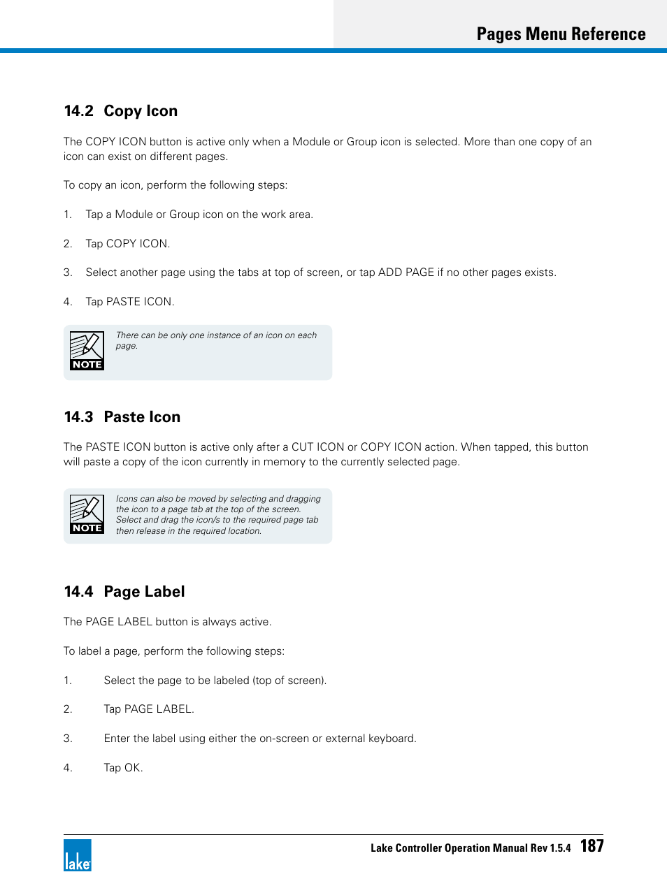 2 copy icon, 3 paste icon, Pages menu reference 187 | 4 page label | Lab.gruppen PLM 20K44 User Manual | Page 192 / 314