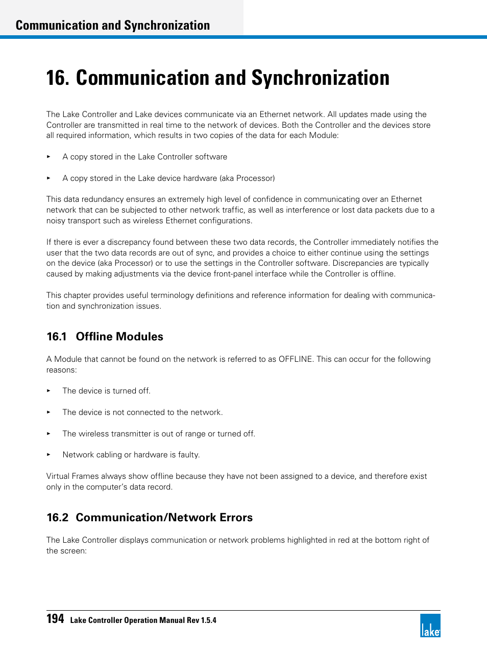 Communication and synchronization, 1 offline modules, 2 communication/network errors | Chapter 16, communication and synchronization, d | Lab.gruppen PLM 20K44 User Manual | Page 199 / 314