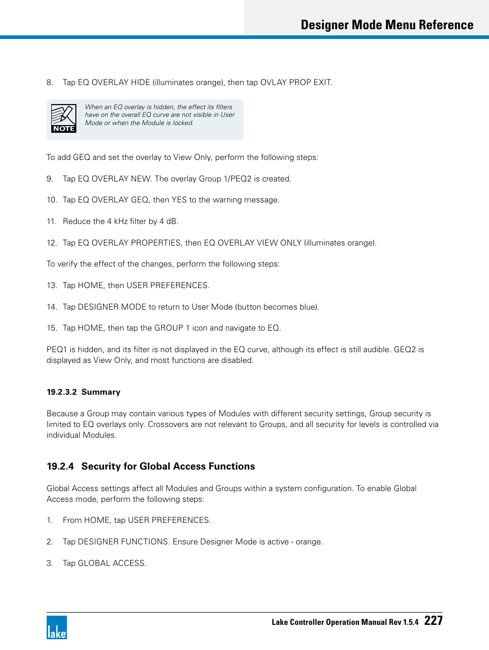 Designer mode menu reference 227 | Lab.gruppen PLM 20K44 User Manual | Page 232 / 314