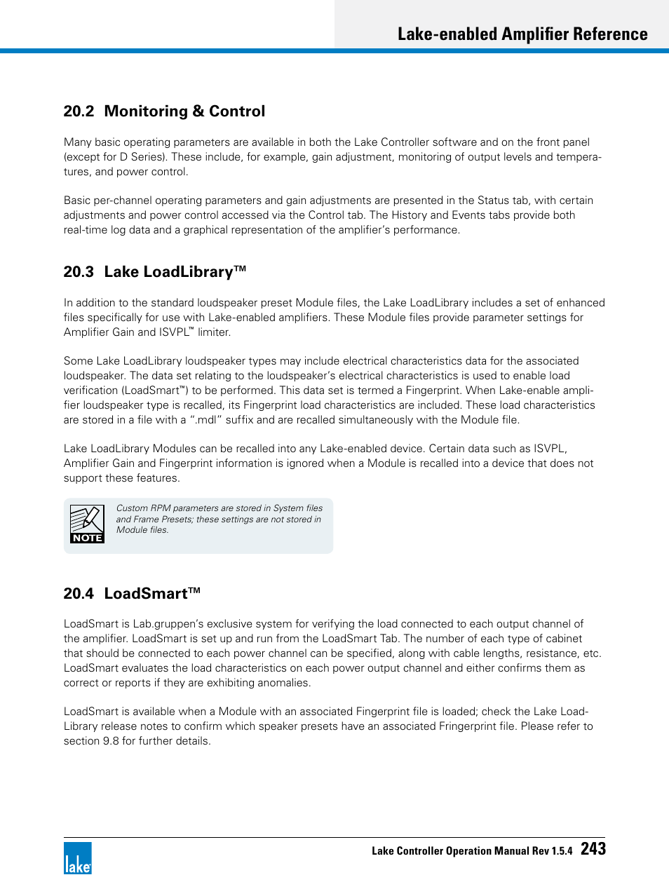 2 monitoring & control, 3 lake loadlibrary, 4 loadsmart | Lake-enabled amplifier reference 243 | Lab.gruppen PLM 20K44 User Manual | Page 248 / 314