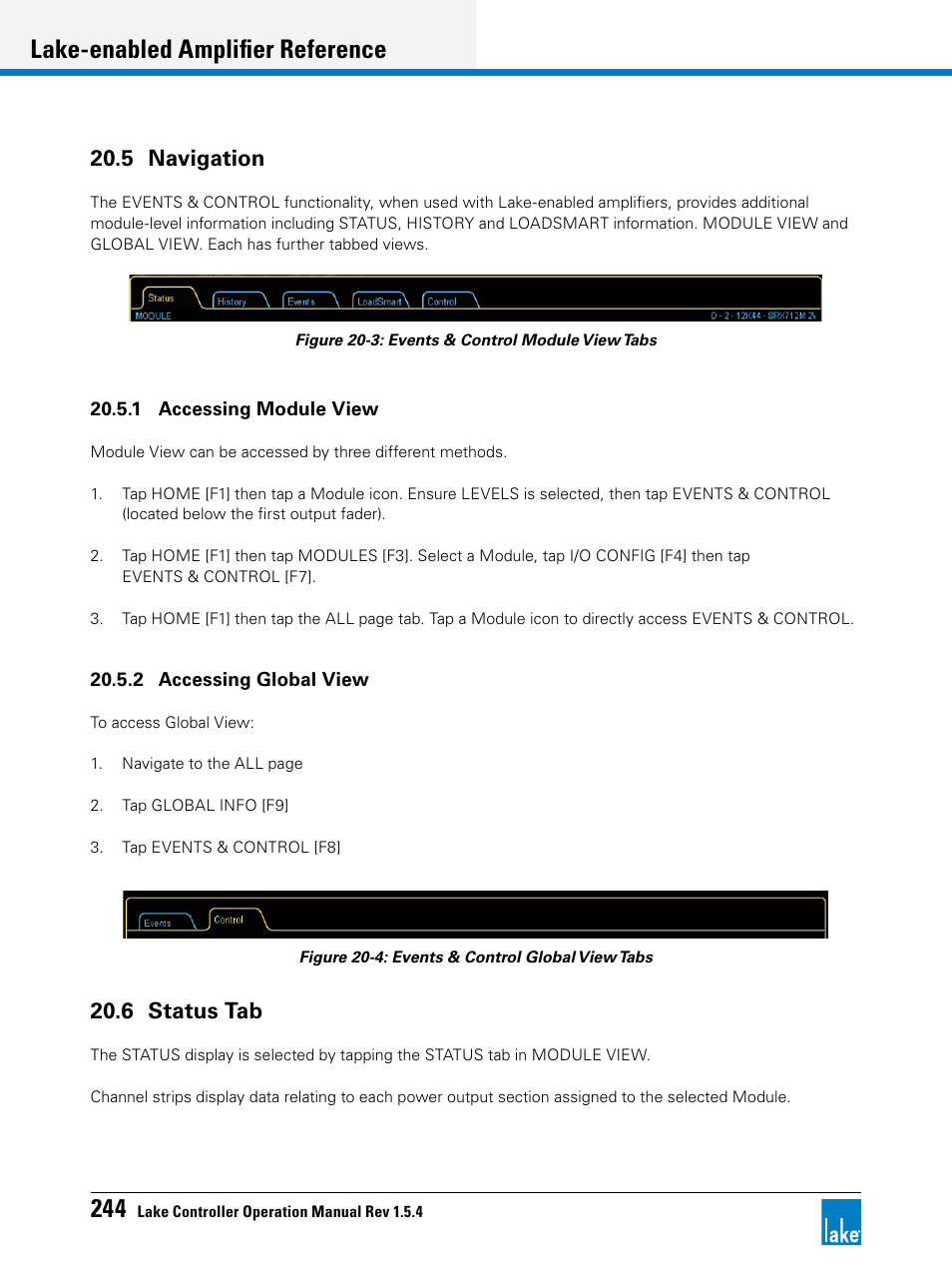 5 navigation, 6 status tab, 5 navigation 20.6 status tab | Lake-enabled amplifier reference | Lab.gruppen PLM 20K44 User Manual | Page 249 / 314