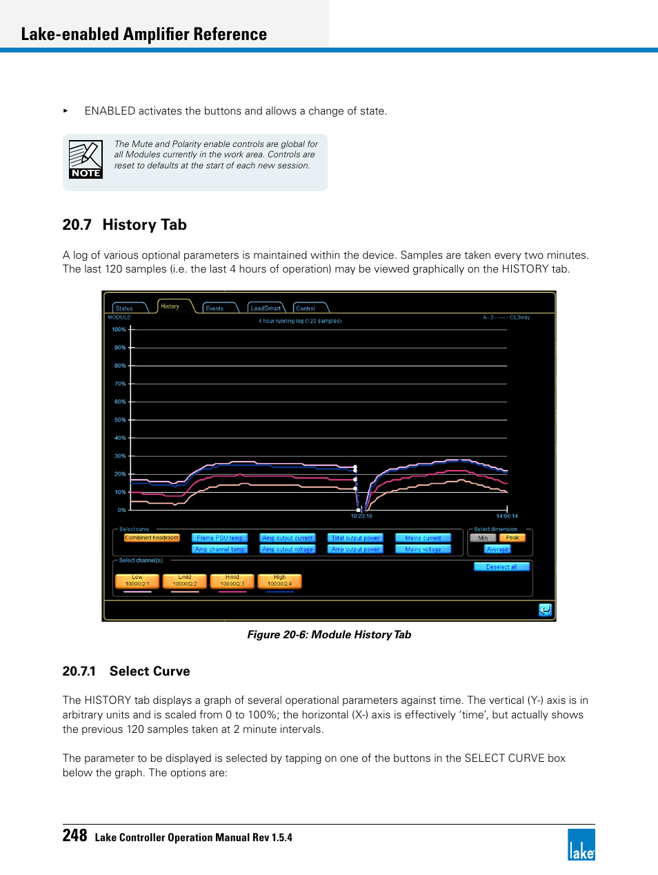 7 history tab, Lake-enabled amplifier reference | Lab.gruppen PLM 20K44 User Manual | Page 253 / 314