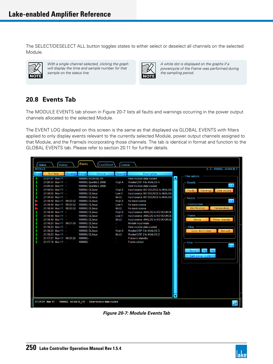 8 events tab, Lake-enabled amplifier reference | Lab.gruppen PLM 20K44 User Manual | Page 255 / 314