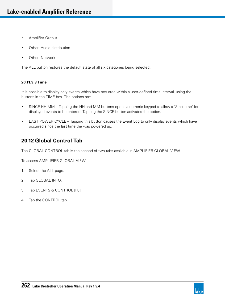 12 global control tab, Lake-enabled amplifier reference | Lab.gruppen PLM 20K44 User Manual | Page 267 / 314