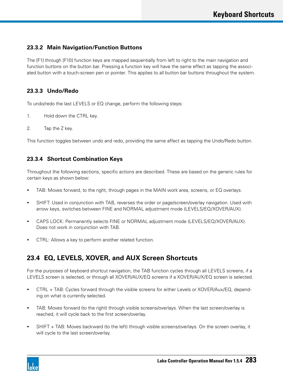 4 eq, levels, xover, and aux screen shortcuts, Keyboard shortcuts 283 | Lab.gruppen PLM 20K44 User Manual | Page 288 / 314