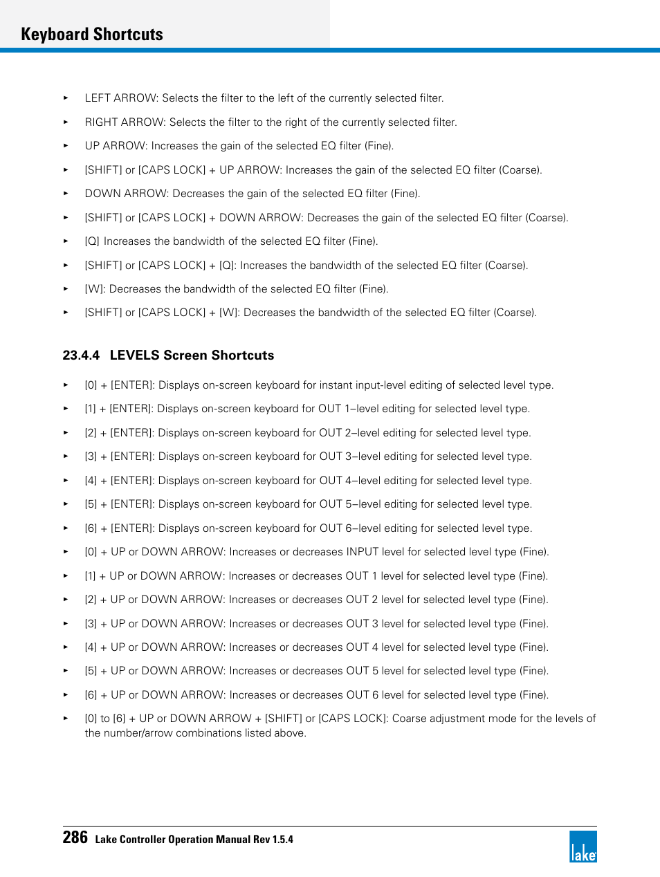 Keyboard shortcuts | Lab.gruppen PLM 20K44 User Manual | Page 291 / 314
