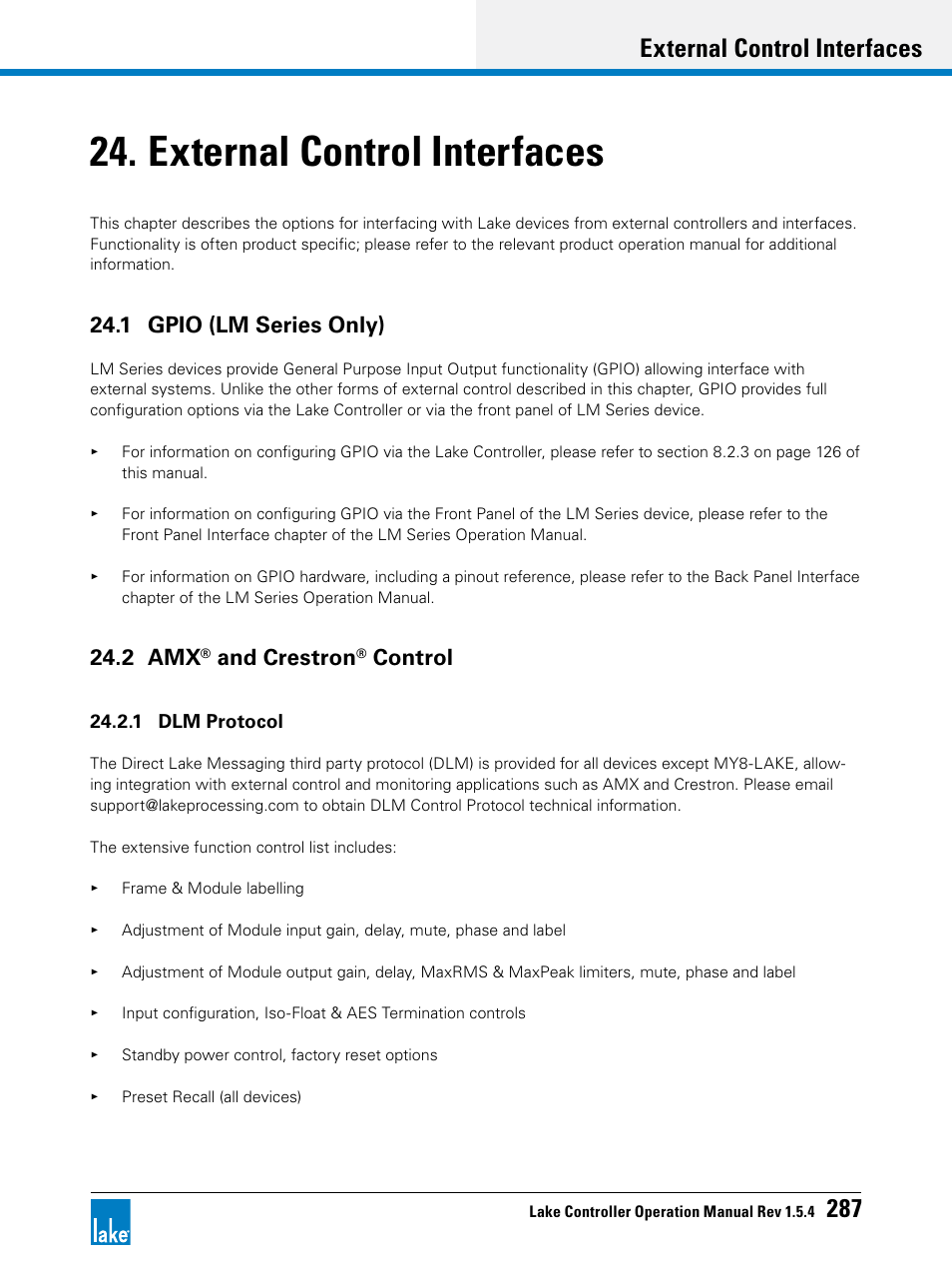 External control interfaces, 1 gpio (lm series only), 2 amx® and crestron® control | 1 gpio (lm series only) 24.2 amx, And crestron, Control, Chapter 24, external control interfaces, External control interfaces 287, 2 amx | Lab.gruppen PLM 20K44 User Manual | Page 292 / 314