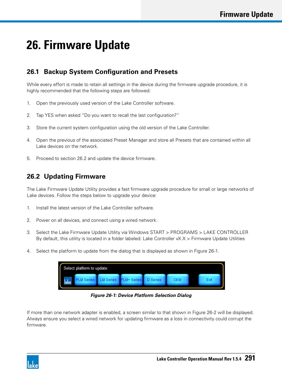 Firmware update, 1 backup system configuration and presets, 2 updating firmware | Chapter 26, firmware update, Firmware update 291 | Lab.gruppen PLM 20K44 User Manual | Page 296 / 314