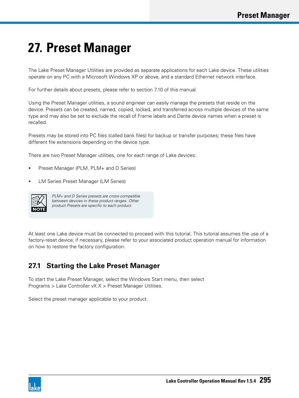 Preset manager, 1 starting the lake preset manager, Chapter 27, preset manager, p | Preset manager 295 | Lab.gruppen PLM 20K44 User Manual | Page 300 / 314