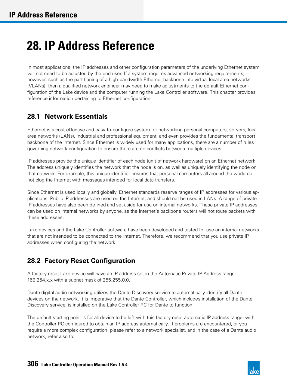 Ip address reference, 1 network essentials, 2 factory reset configuration | Chapter 28, ip address reference, R 28 f | Lab.gruppen PLM 20K44 User Manual | Page 311 / 314