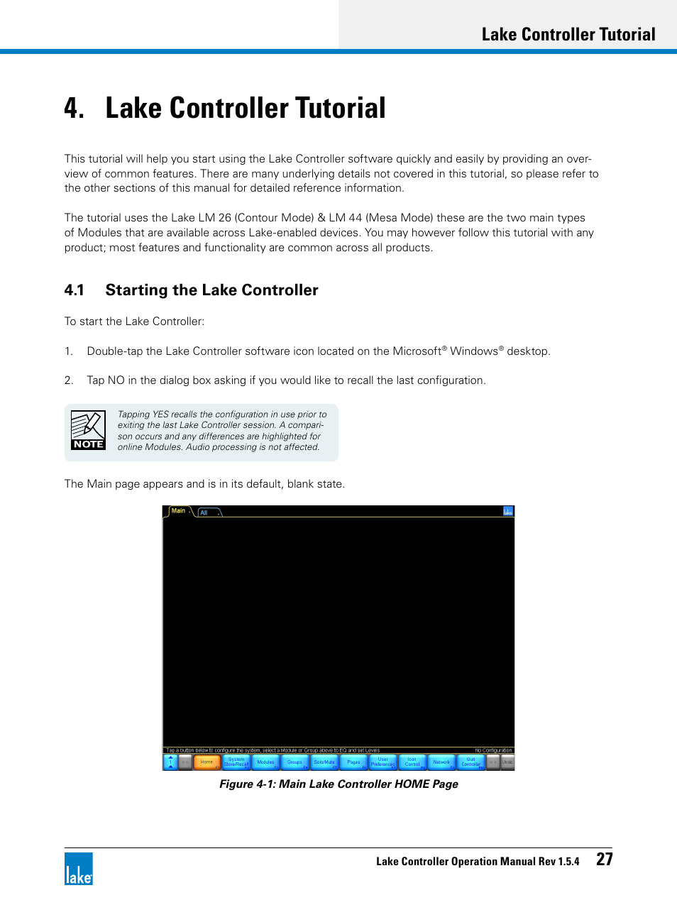 Lake controller tutorial, 1 starting the lake controller, Chapter 4, lake controller tutorial | R 4 t, Lake controller tutorial 27 | Lab.gruppen PLM 20K44 User Manual | Page 32 / 314