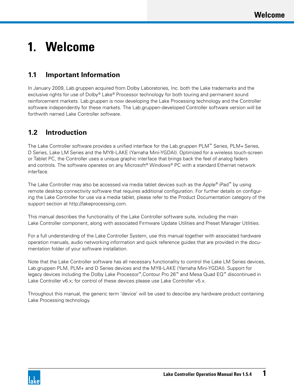 Welcome, 1 important information, 2 introduction | 1 important information 1.2 introduction, Welcome 1 | Lab.gruppen PLM 20K44 User Manual | Page 6 / 314