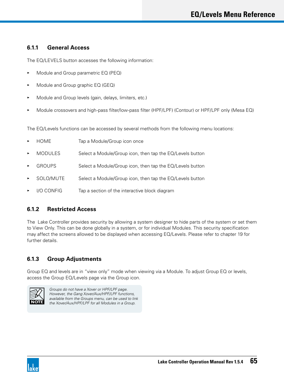 Eq/levels menu reference 65 | Lab.gruppen PLM 20K44 User Manual | Page 70 / 314