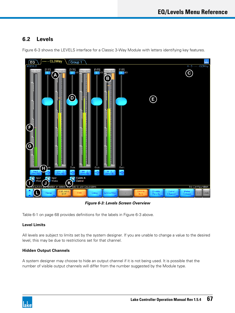 2 levels, Eq/levels menu reference 67 | Lab.gruppen PLM 20K44 User Manual | Page 72 / 314