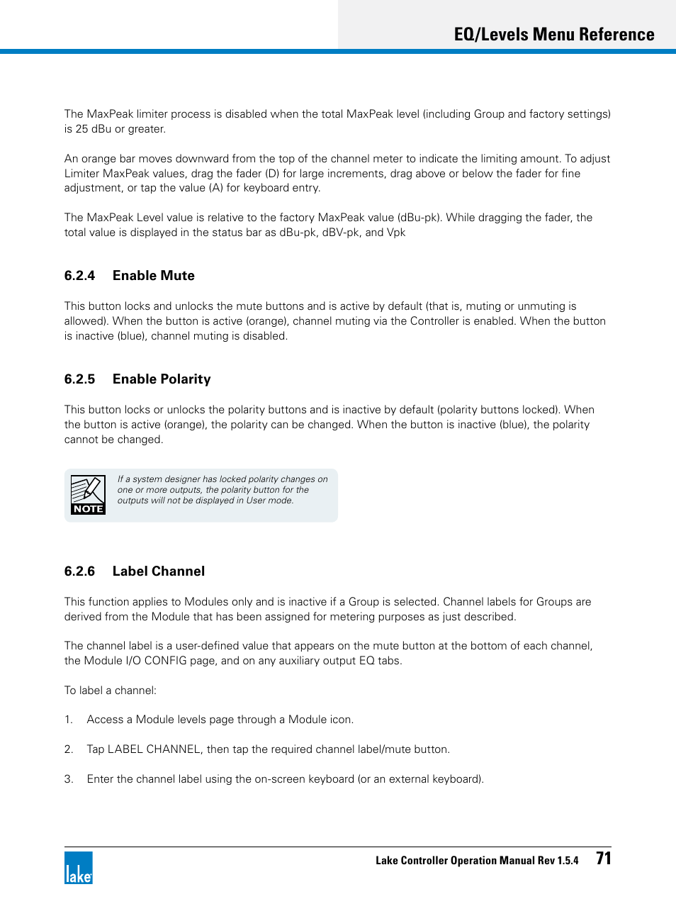 Eq/levels menu reference 71 | Lab.gruppen PLM 20K44 User Manual | Page 76 / 314