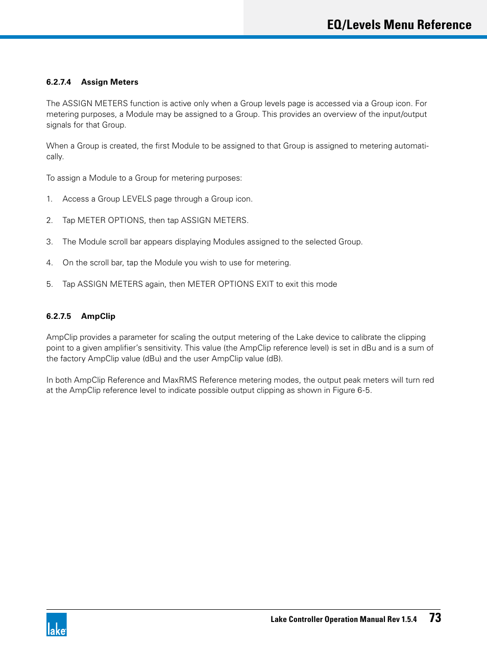 Eq/levels menu reference 73 | Lab.gruppen PLM 20K44 User Manual | Page 78 / 314