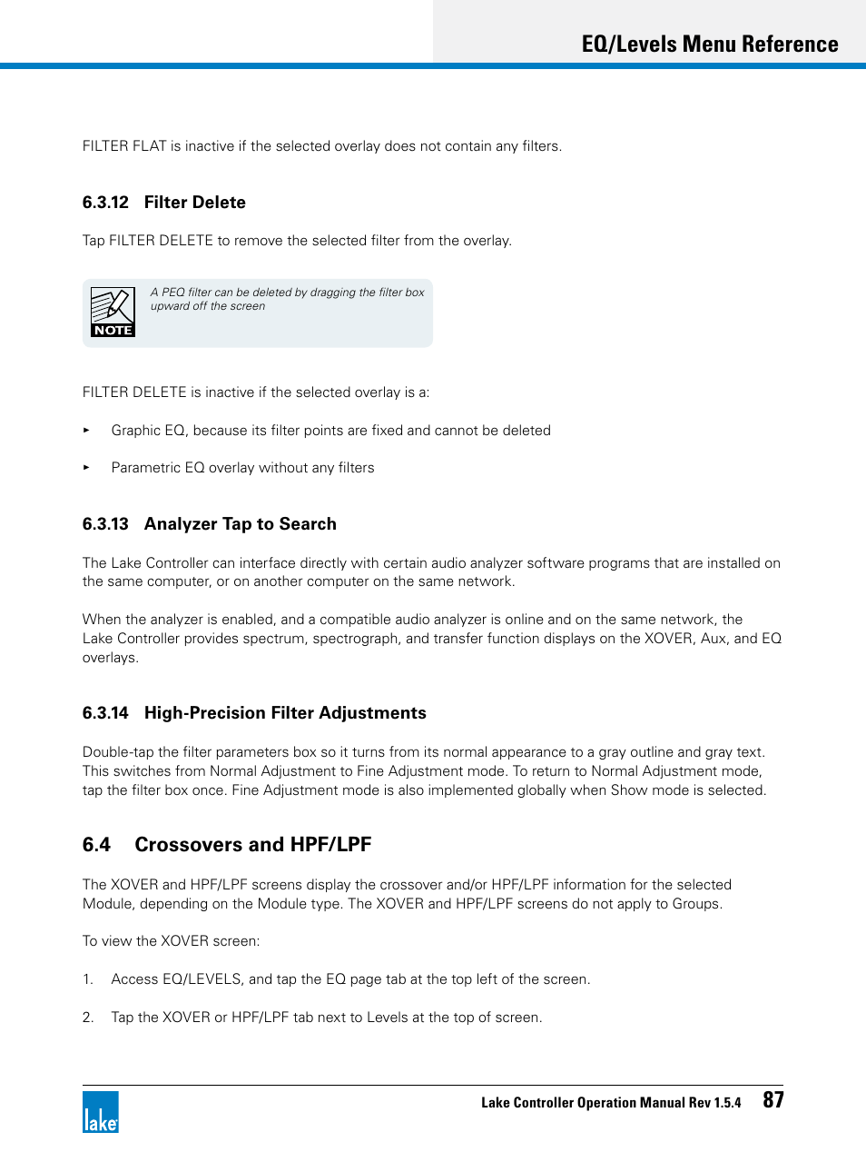 4 crossovers and hpf/lpf, Eq/levels menu reference 87 | Lab.gruppen PLM 20K44 User Manual | Page 92 / 314