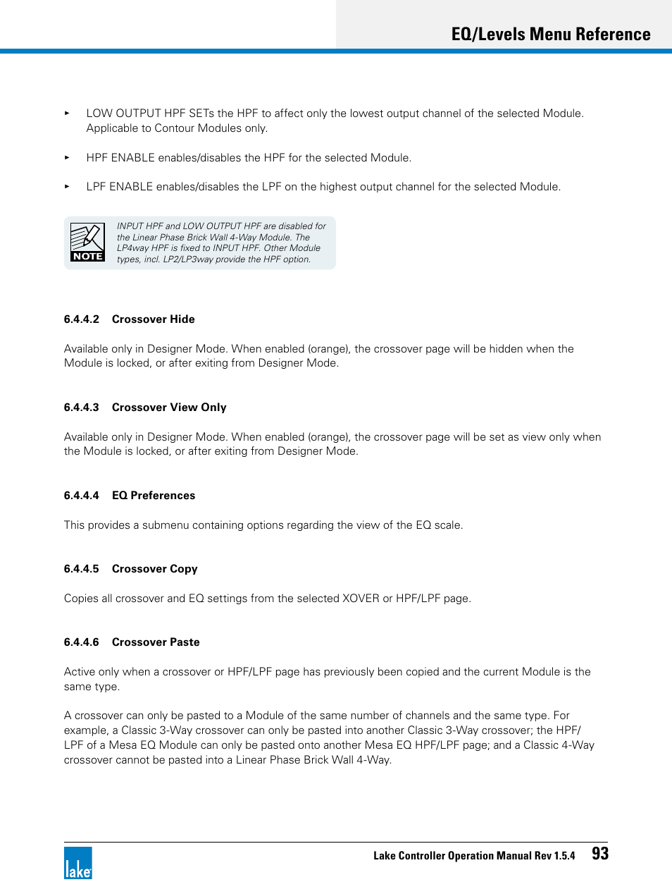 Eq/levels menu reference 93 | Lab.gruppen PLM 20K44 User Manual | Page 98 / 314