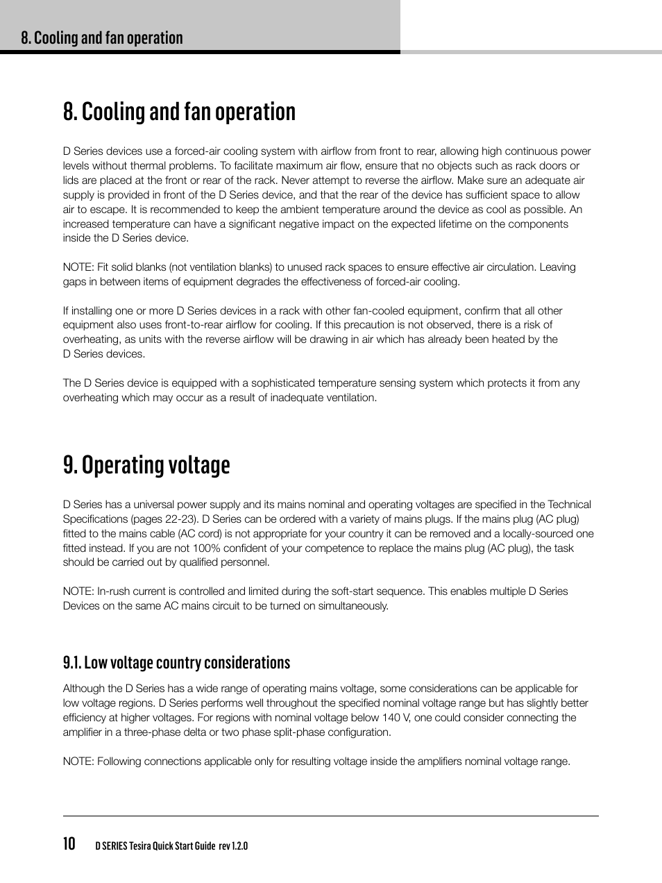 Cooling and fan operation, Operating voltage, Cooling and fan operation 10 | Low voltage country considerations | Lab.gruppen D Series 80:4T/Ta User Manual | Page 10 / 28