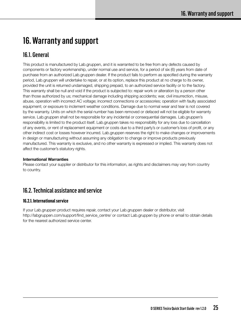 Warranty and support | Lab.gruppen D Series 80:4T/Ta User Manual | Page 25 / 28