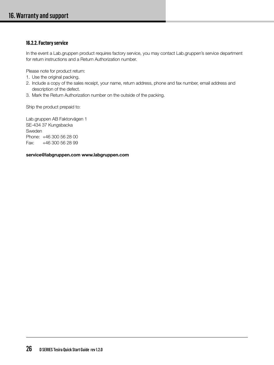 Warranty and support 26 | Lab.gruppen D Series 80:4T/Ta User Manual | Page 26 / 28